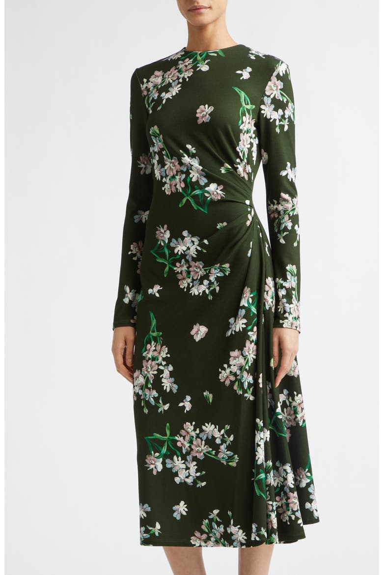 Floral Long Sleeve Ponte Midi Dress, Alternate, color, PAINTED ORCHID FOREST GREEN