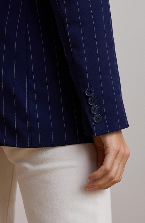 Shop Ralph Lauren Lauren  Pinstripe Double Breasted Wool Blend Blazer In Navy/white