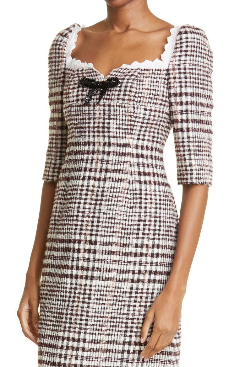 Lace Trim Check Cotton, Wool & Alpaca Blend Dress, Alternate, color, BROWN