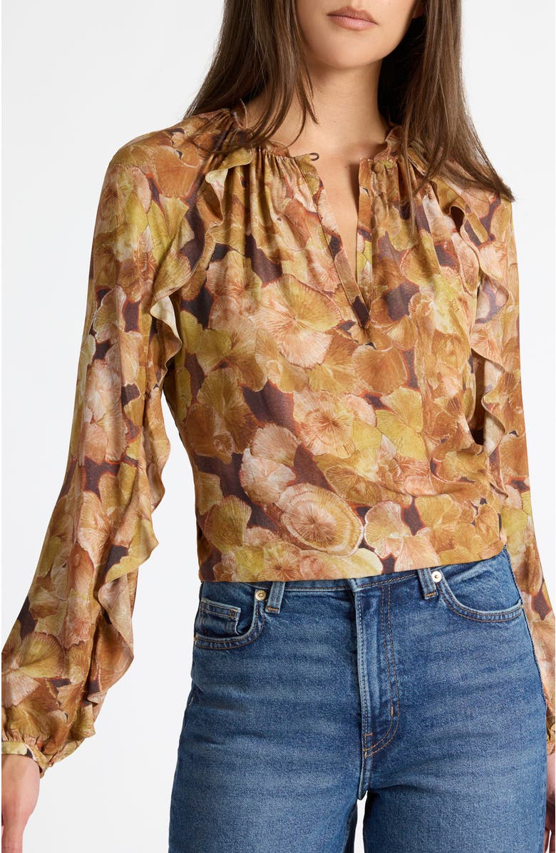 Santorelli Skyla Long Sleeve Ruffle Blouse in Floral Crepe, Alternate, color, Hazelwood Multi