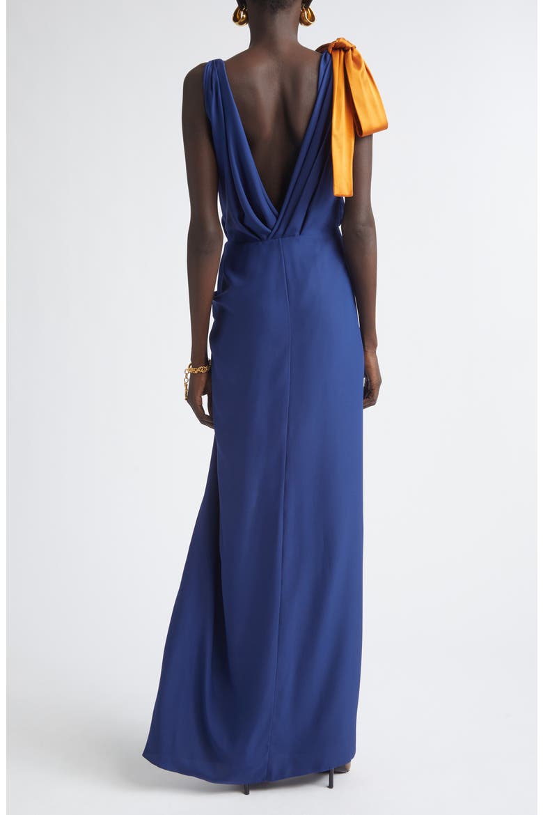 Bow Detail Silk Satin Wrap Maxi Dress, Alternate, color, INDIGO