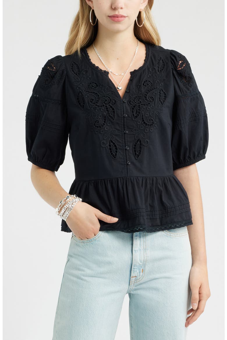 Cutwork Puff Sleeve Cotton Top, Main, color, BLACK