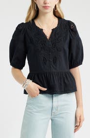 Treasure & Bond Cutwork Puff Sleeve Cotton Top