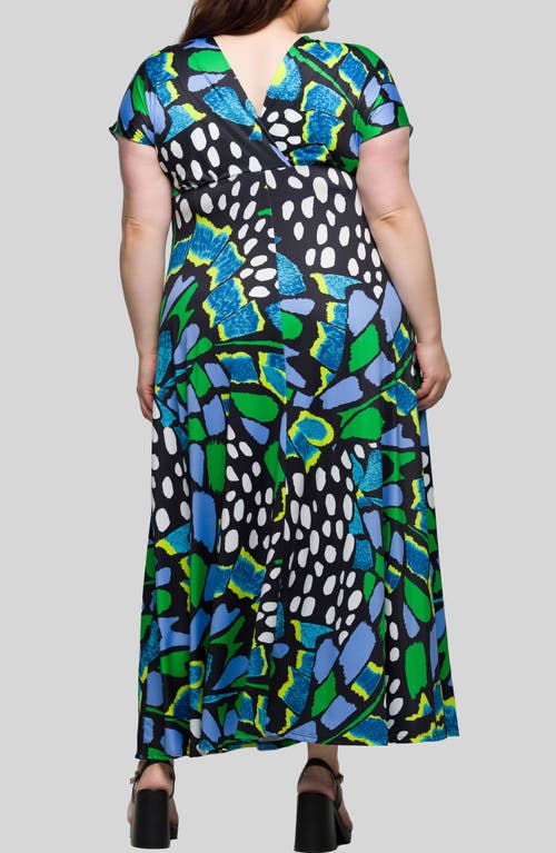 24seven Comfort Apparel Plus Size V-neck Empire Waist Cap Sleeve Maxi Dress In Green Multi