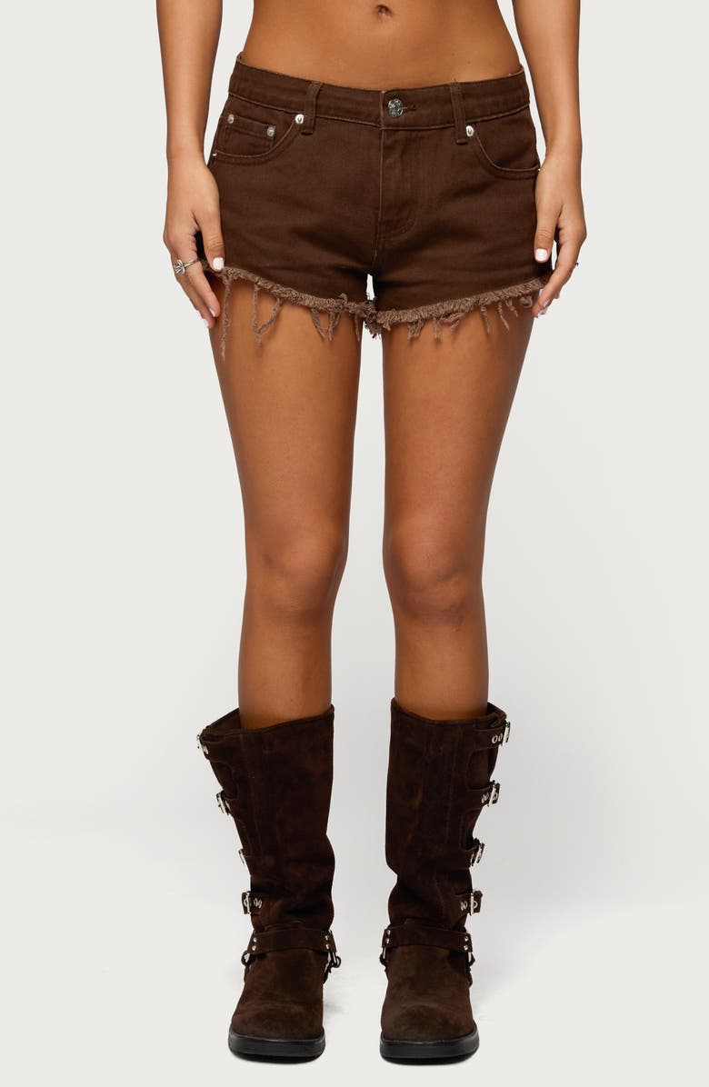 EDIKTED Josefina Cutoff Denim Shorts, Main, color, Brown