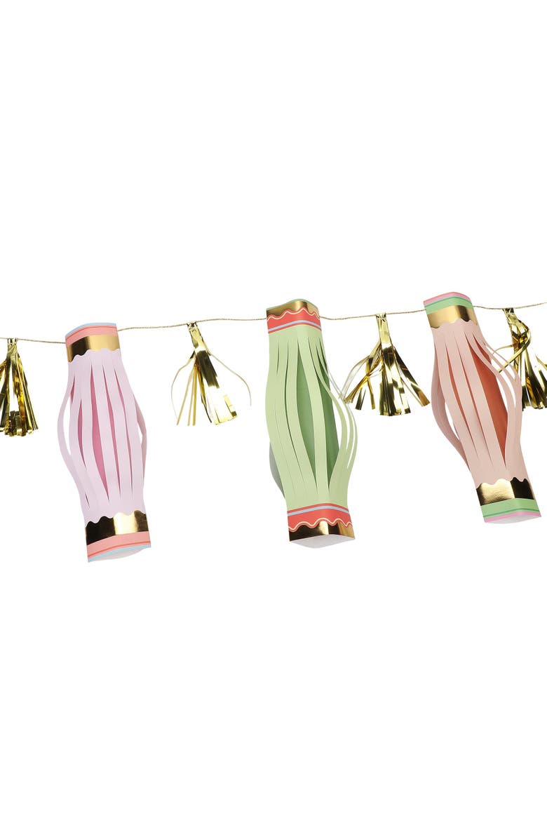 Cabana Club Paper Lantern Garland - 7 Pastel Lanterns with Gold Foil Details, 8 Gold Tassels, and 100-Inch Gold Ribbon, Alternate, color, Multicolor