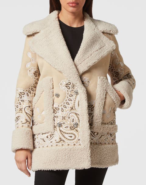 Shearling Oversize Long Coat Paisley Bandana Women