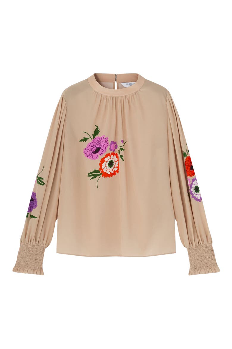 Fleur Motif Silk Top, Alternate, color, BROWN