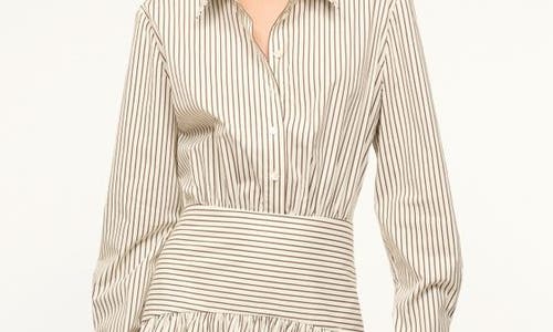 Shop Staud Rocco Stripe Long Sleeve Stretch Cotton Mini Shirtdress In Ivory/dark Oak Micro Stripe