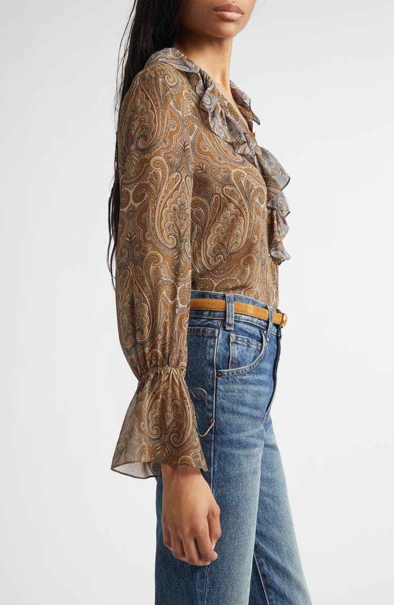 Nili Lotan Cecily Paisley Ruffle Trim Button-Up Silk Top, Alternate, color, Khaki Paisley