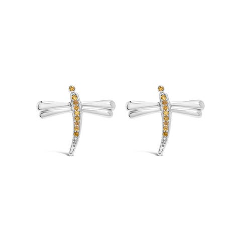 Silver Yellow Diamond Accent Dragonfly Stud Earrings