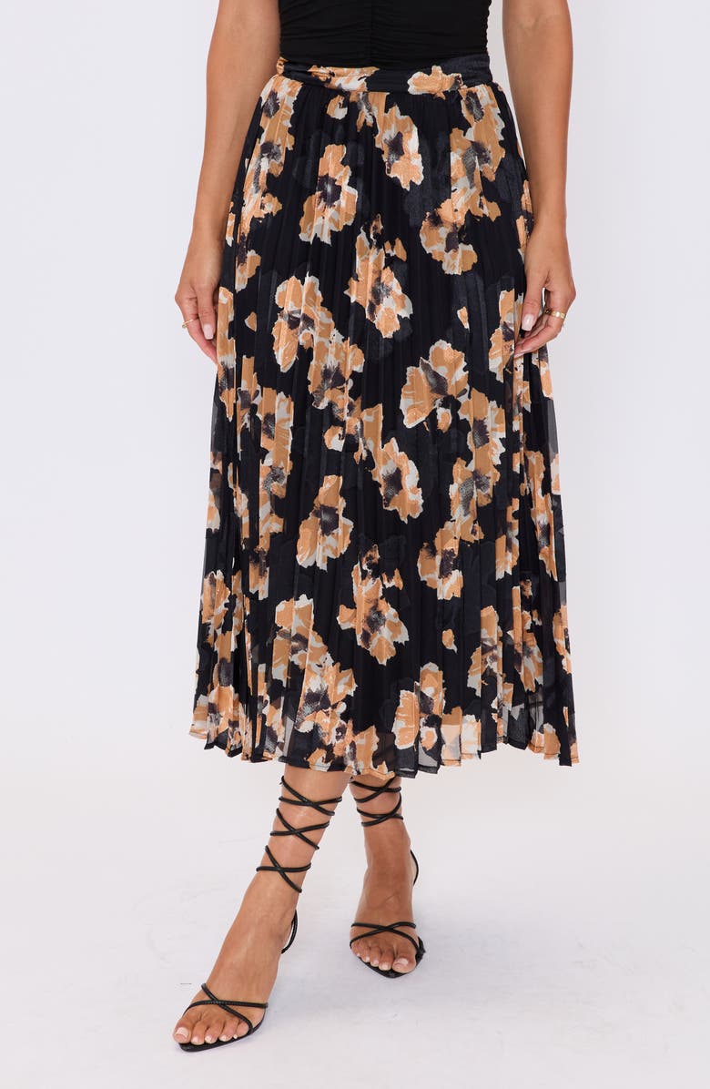 VICI Collection Zora Floral Pleated Midi Skirt, Main, color, Black Floral