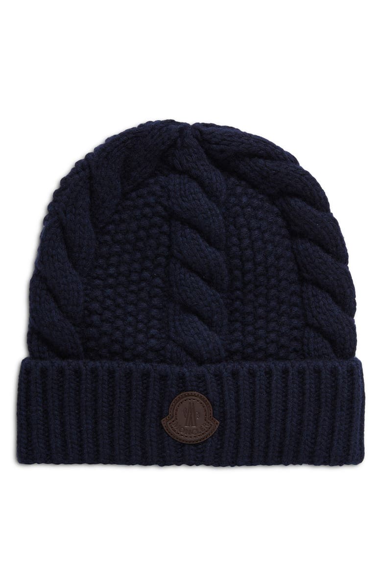 Moncler Logo Cable Stitch Virgin Wool & Cashmere Beanie, Main, color, Dark Blue