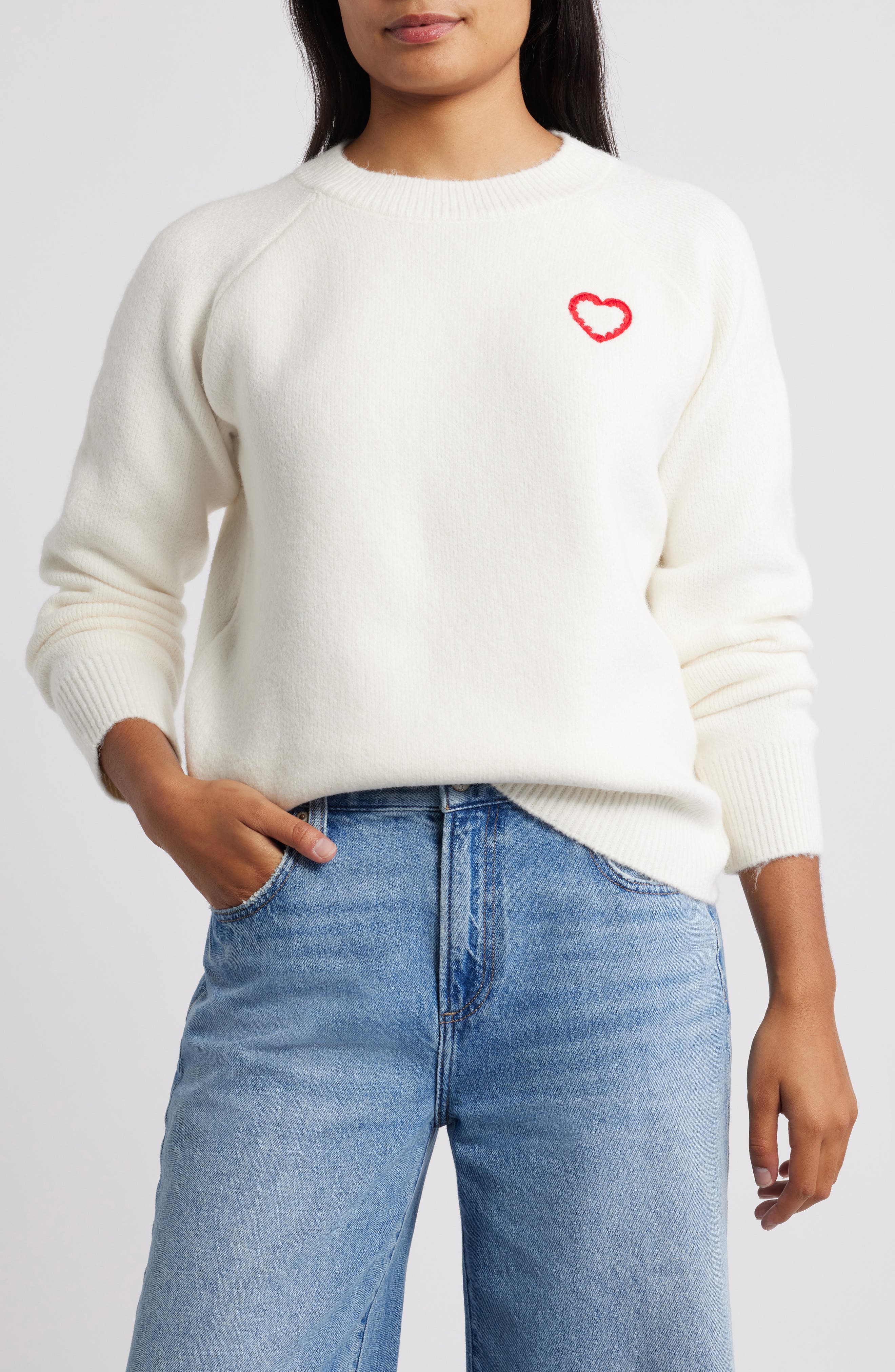 Bobeau Embroidered Heart Sweater