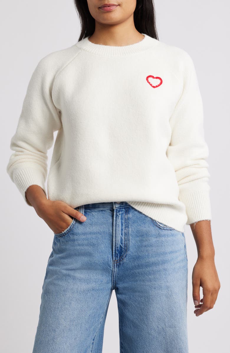 Bobeau Embroidered Heart Sweater, Main, color, White/ Red