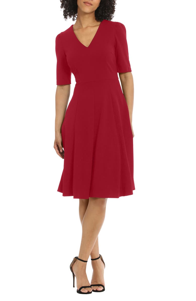 Donna Morgan V-Neck Fit & Flare Dress, Main, color, Savvy Red