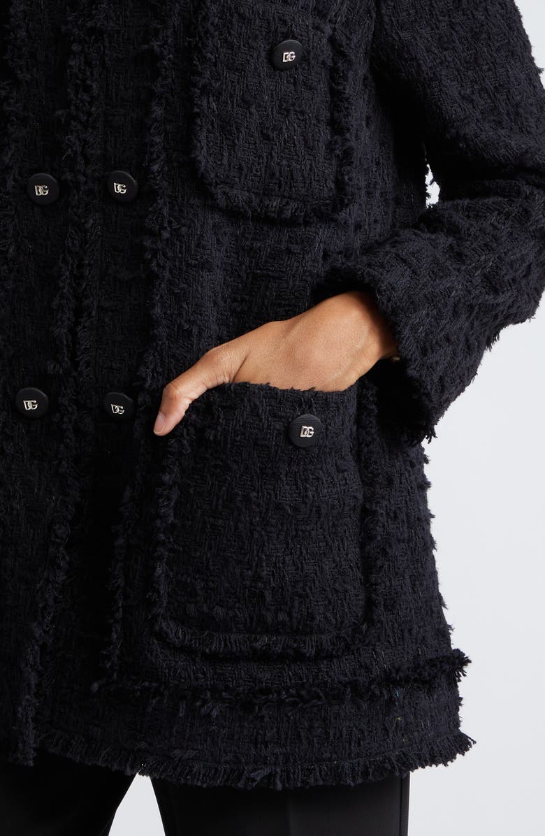 Dolce&Gabbana Logo Button Collarless Tweed Jacket, Alternate, color, N0000nero