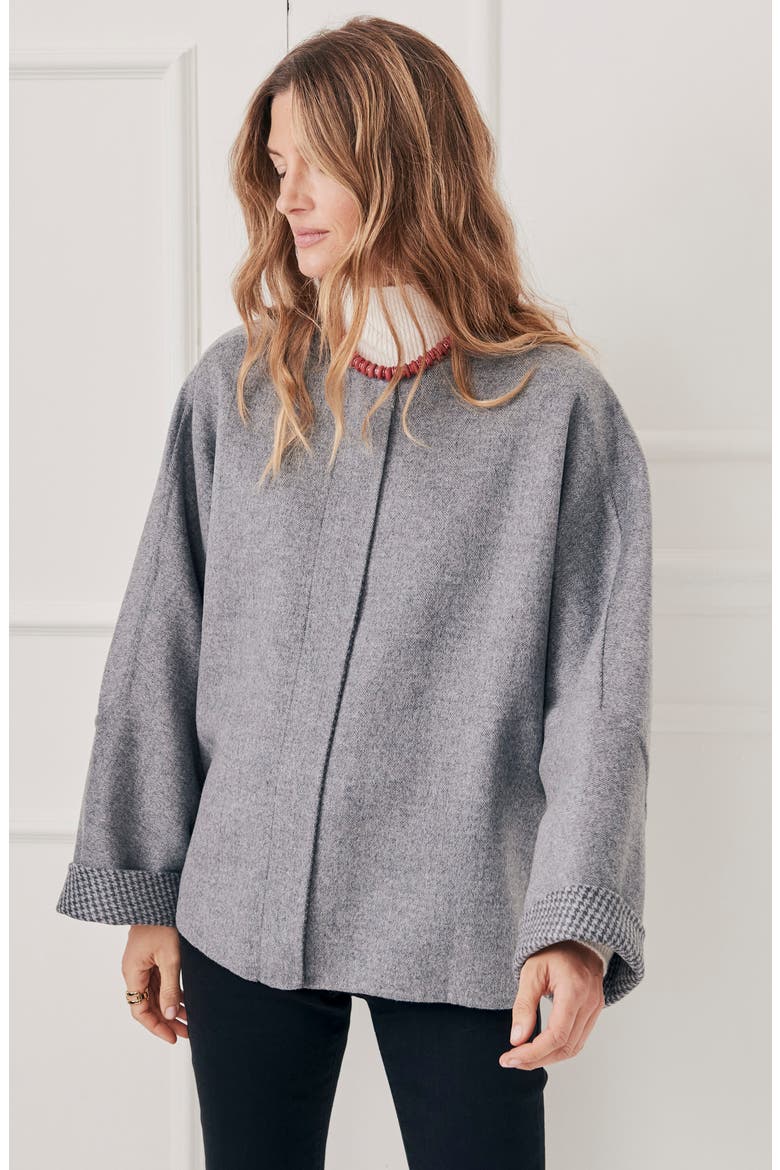 Bora Zip Front Wool Blend Herringbone Poncho, Alternate, color, GRAY
