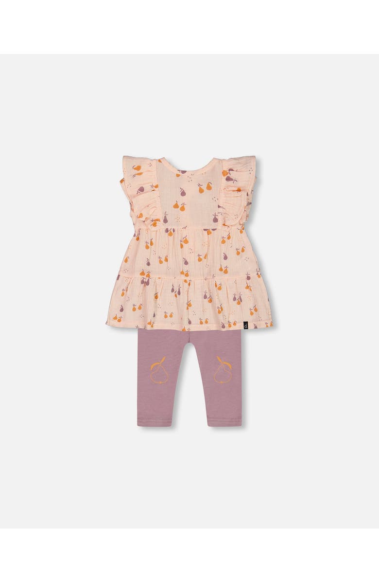 Deux par Deux Baby Girl's Printed Muslin Tunic And Organic Cotton Legging Set Peach With Pears And Purple, Main, color, Peach With Pears Print