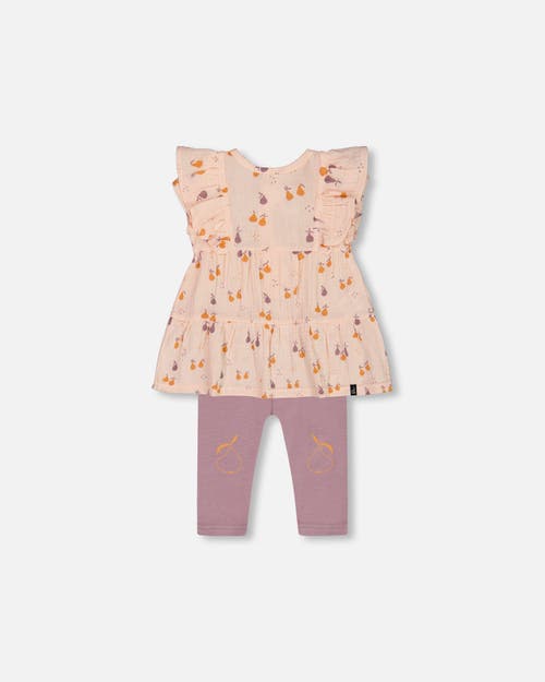 Deux Par Deux Baby Girl's Printed Muslin Tunic And Organic Cotton Legging Set Peach With Pears And P In Peach With Pears Print