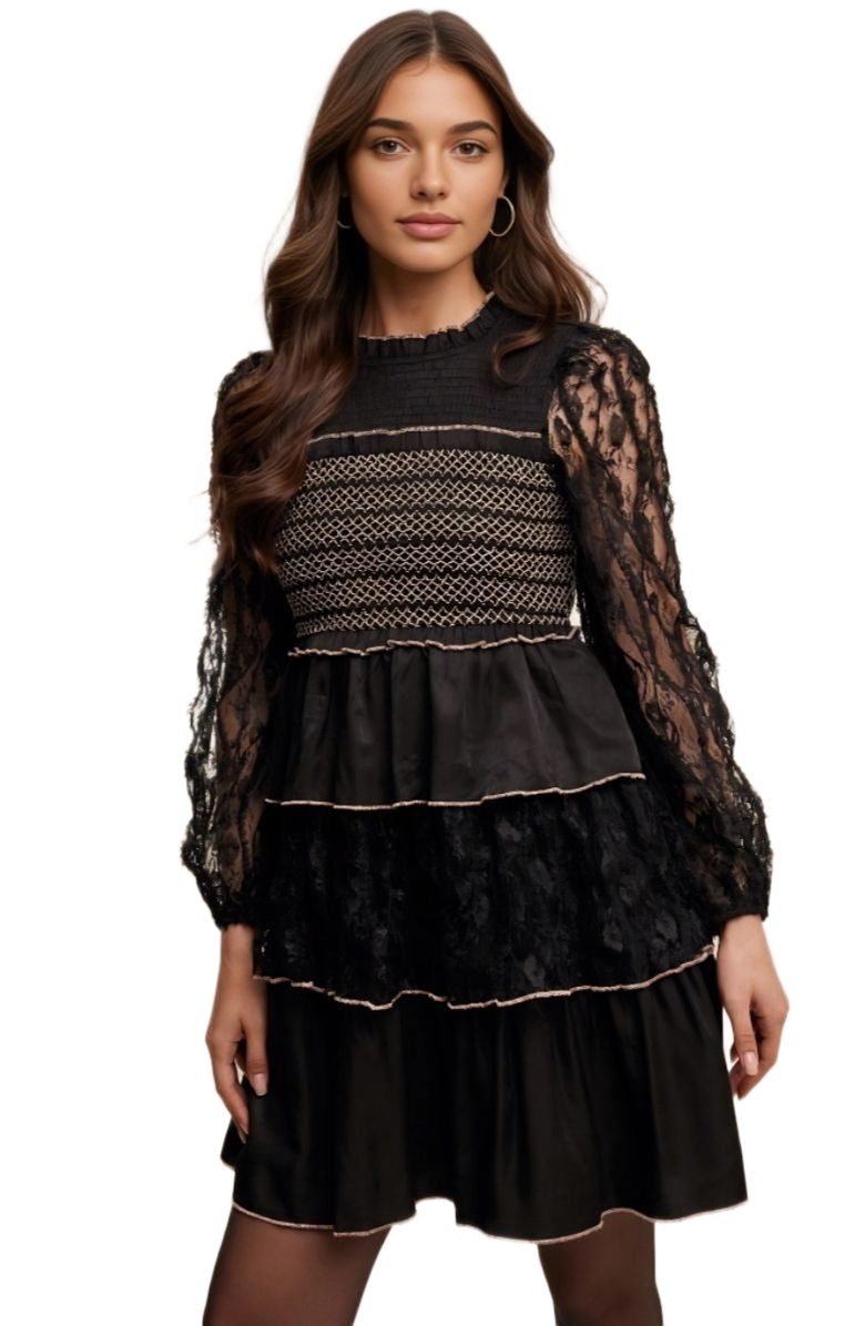 Knit and Lounge Lace Tiered Smocked Chest Bell Mini Dress, Alternate, color, Black