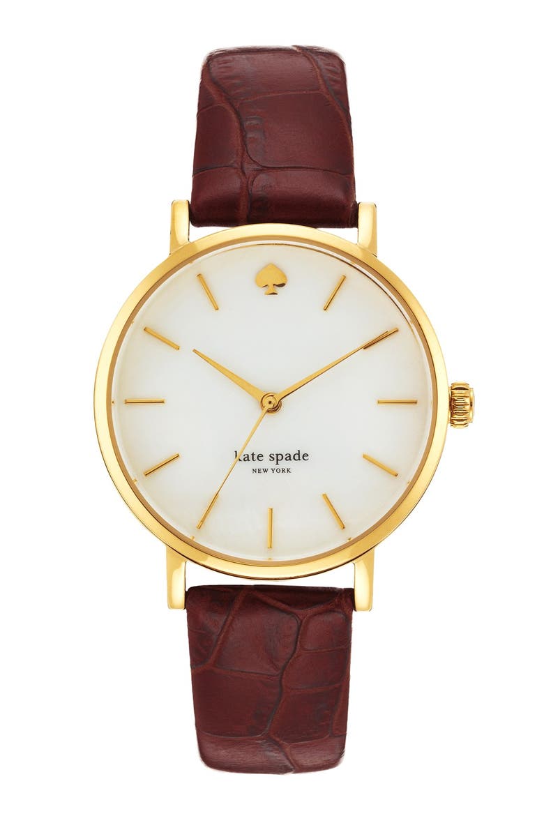 'metro' embossed leather strap watch, 34mm, Main, color, DEEP CARAMEL
