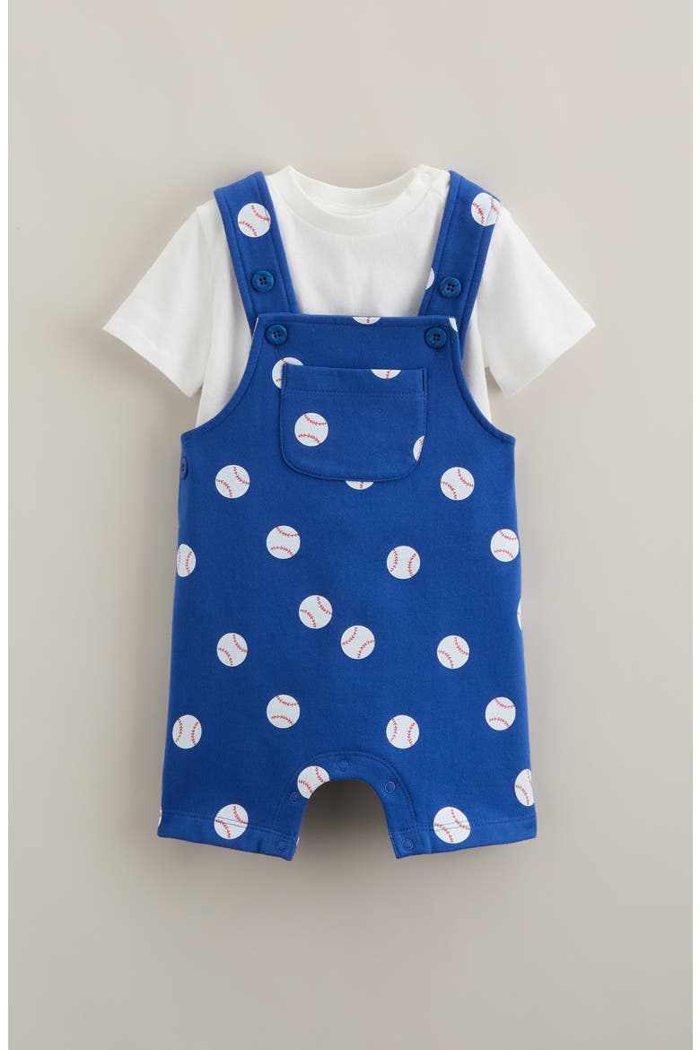 Baseball Print Short Overalls & T-Shirt Set, Alternate, color, BLUE BASEBALL DOT- WHITE
