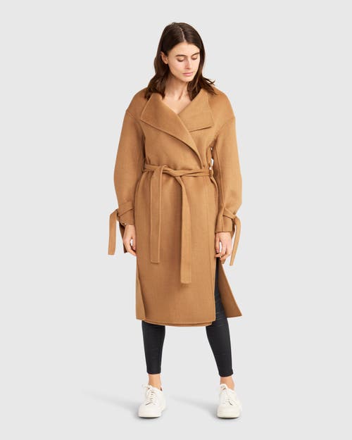 Belle & Bloom Head Over Heels Collarless Robe Coat In Camel