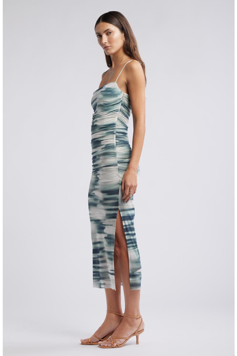 Shirred Mesh Midi Dress, Alternate, color, GREY BLUE- TEAL SOFT MOVEMENT