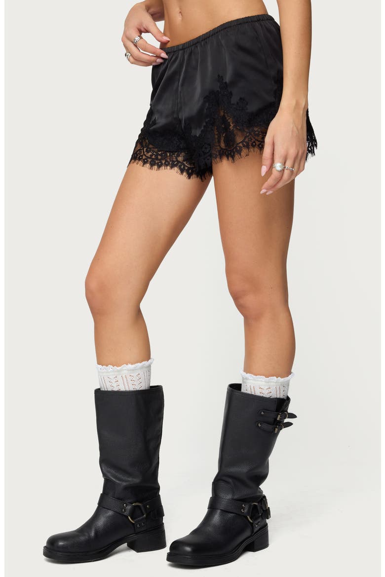 Reisa Lace & Satin Shorts, Alternate, color, BLACK