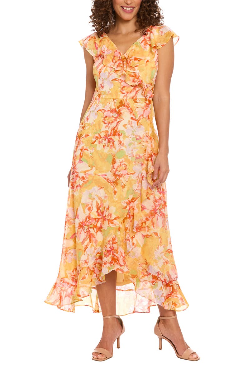 London Times Floral Ruffle Maxi Dress, Main, color, Yellow Pink