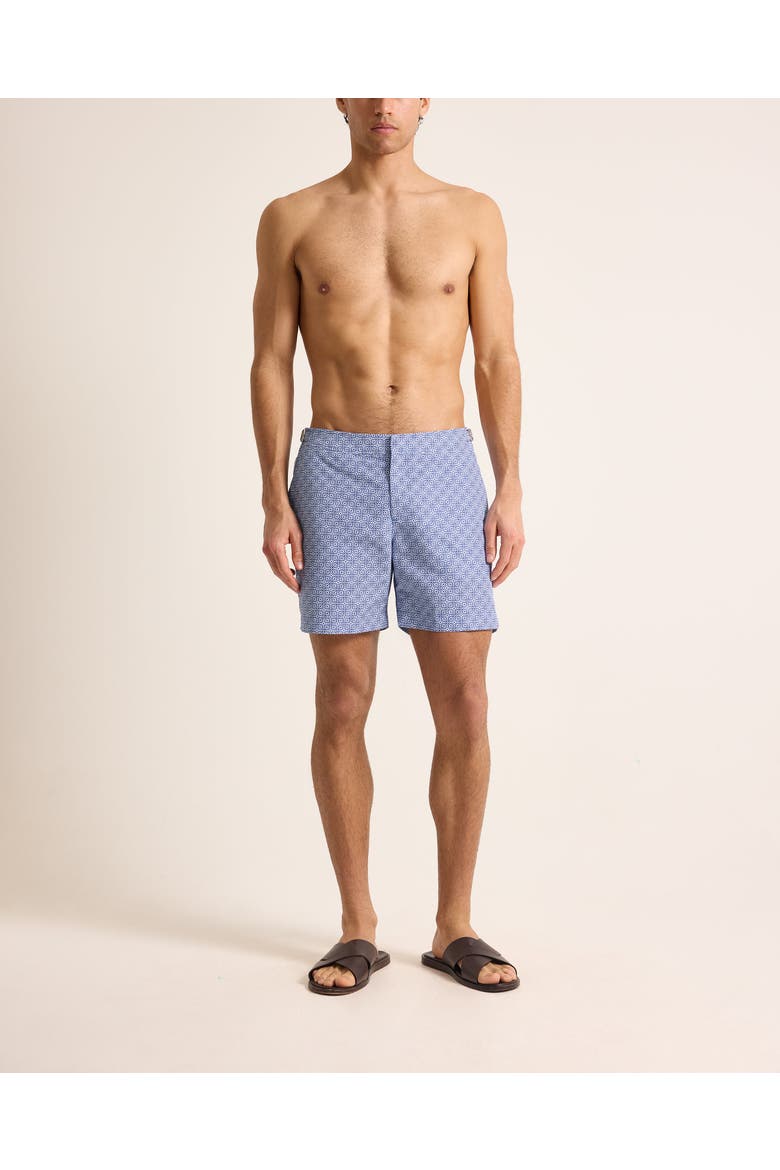 Bulldog Mid-Length Classic Fit Swim Shorts With Portico Print, Main, color, AERO BLUE