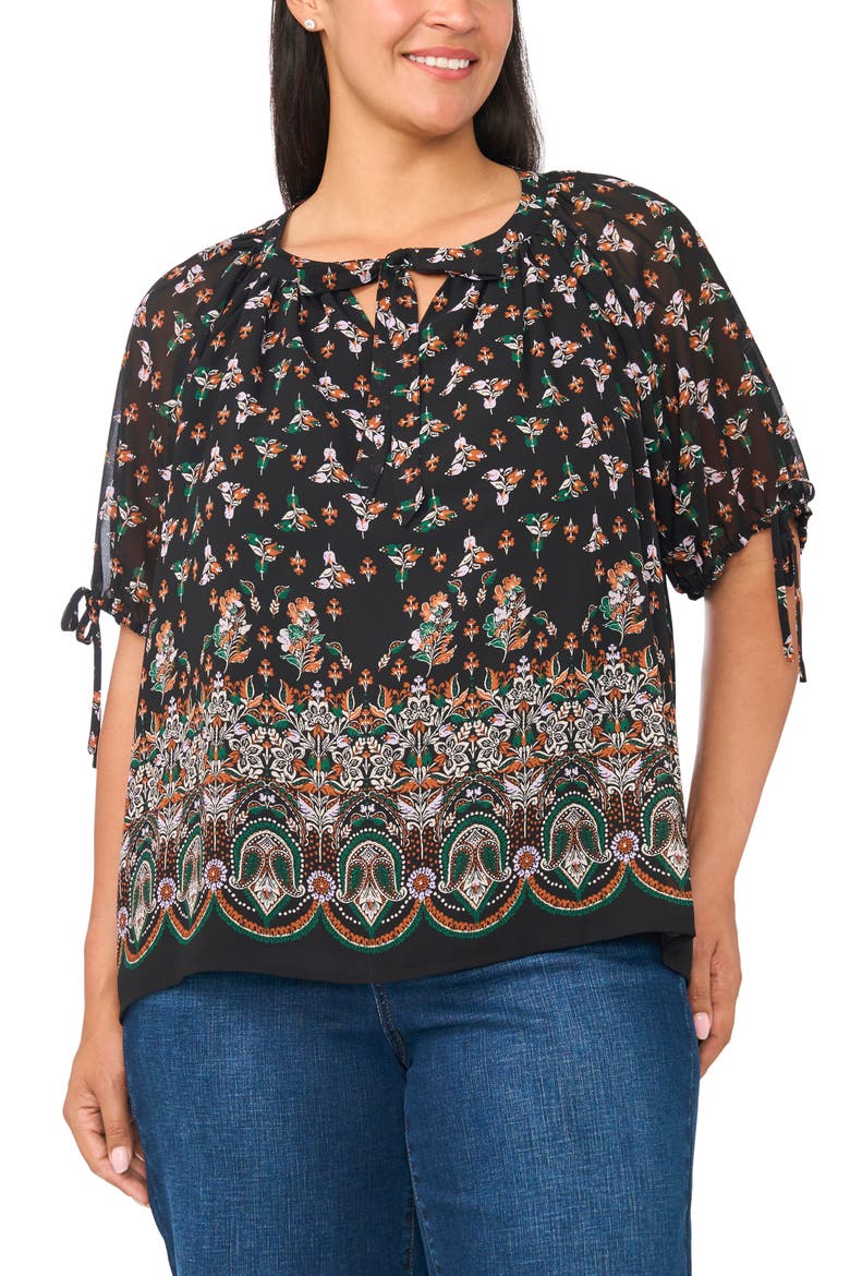 Tie Neck Puffed Raglan Sleeve Top, Main, color, ALPINE GREEN