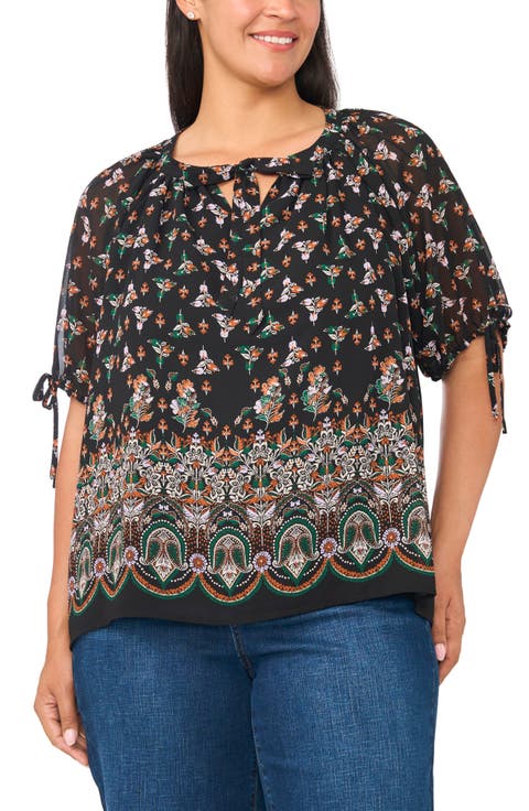 Tie Neck Puffed Raglan Sleeve Top