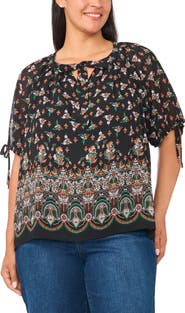 CeCe Tie Neck Puffed Raglan Sleeve Top