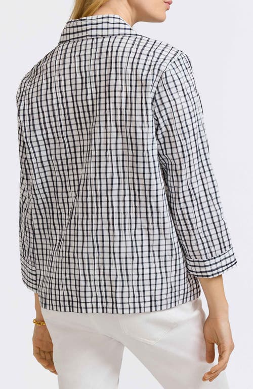Foxcroft Sammy Check Crinkled Cotton Blend Top In White/black