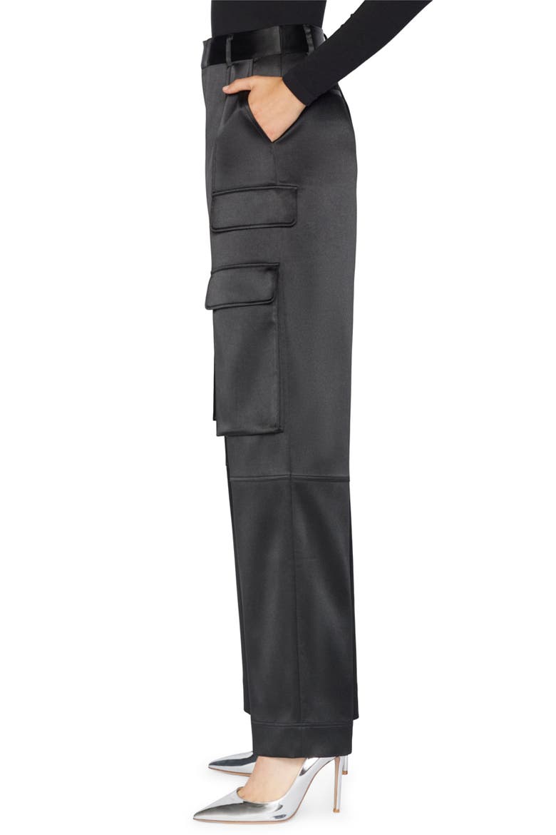 Relaxed Fit Straight Leg Satin Cargo Pants, Alternate, color, NOIR