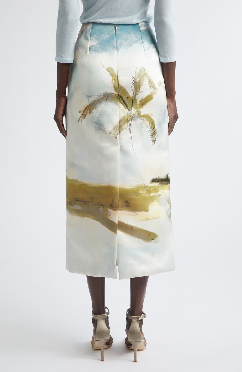 Oscar de la Renta Dominican Landscape Satin Pencil Skirt, Alternate, color, Blue Green Multi