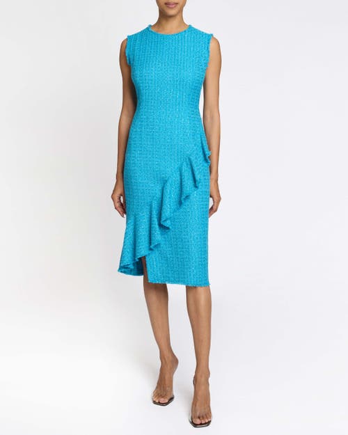 Santorelli Cami Sleeveless Luxury Tweed Sheath Dress With Skirt Ruffle In Aquamarine