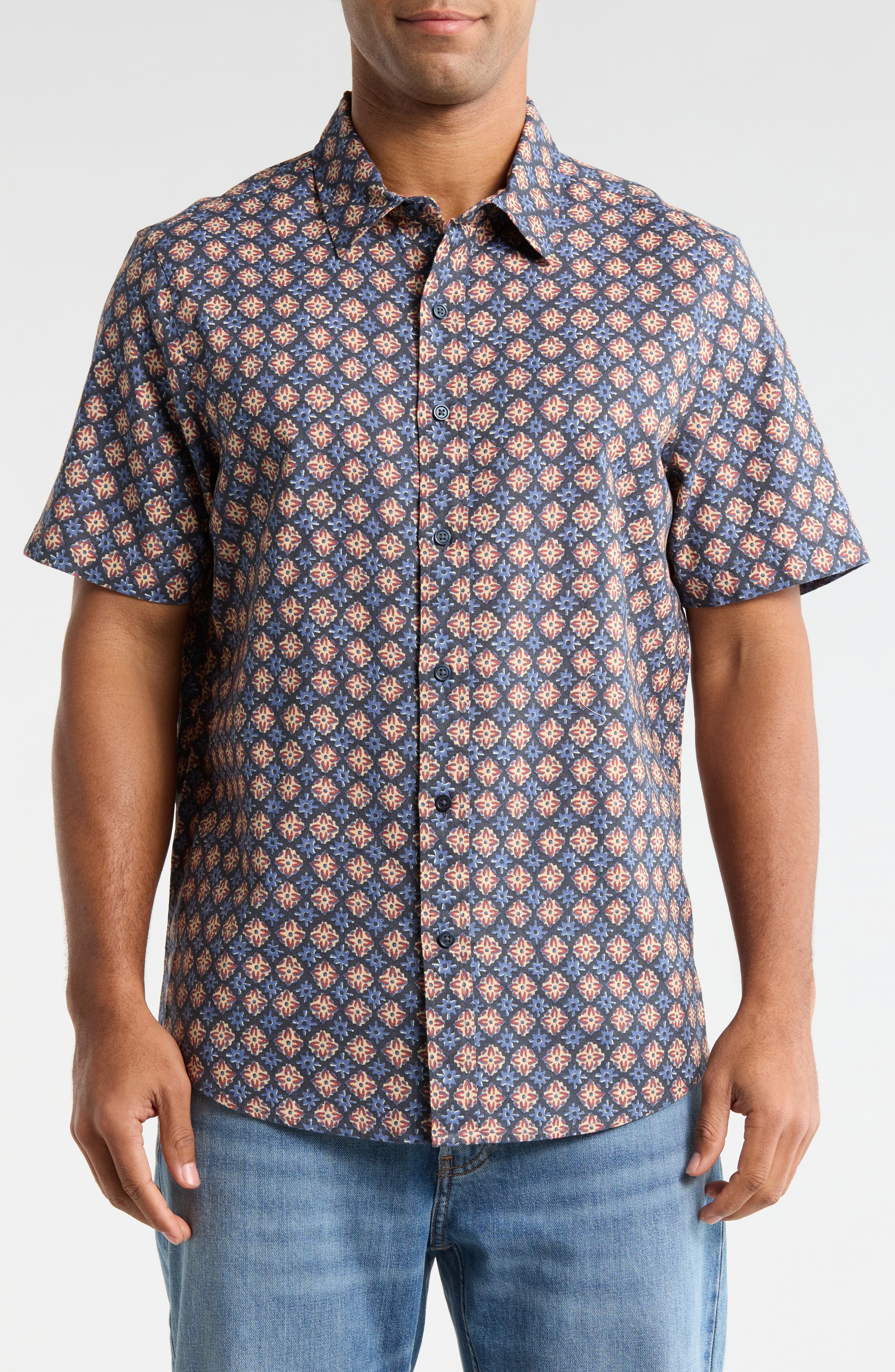 Medallion Short Sleeve Linen & Cotton Button-Up Shirt - image 3