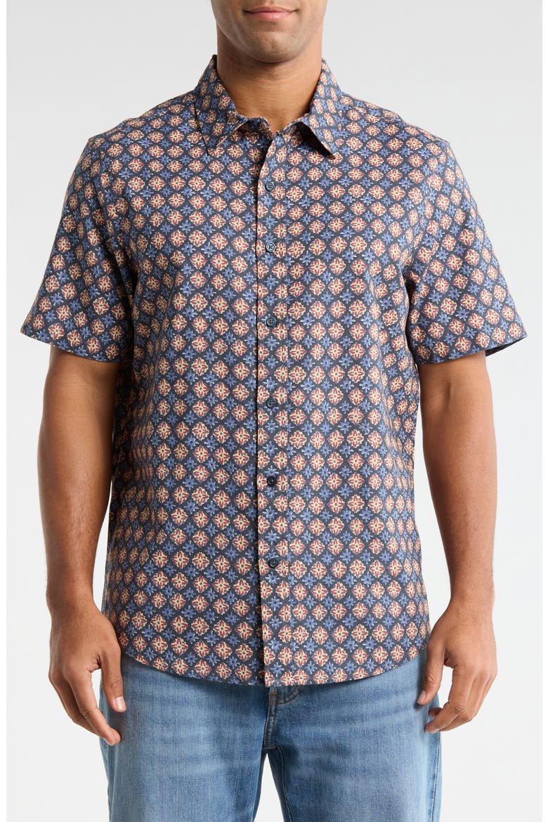 Medallion Short Sleeve Linen & Cotton Button-Up Shirt, Main, color, NAVY MEDALLION