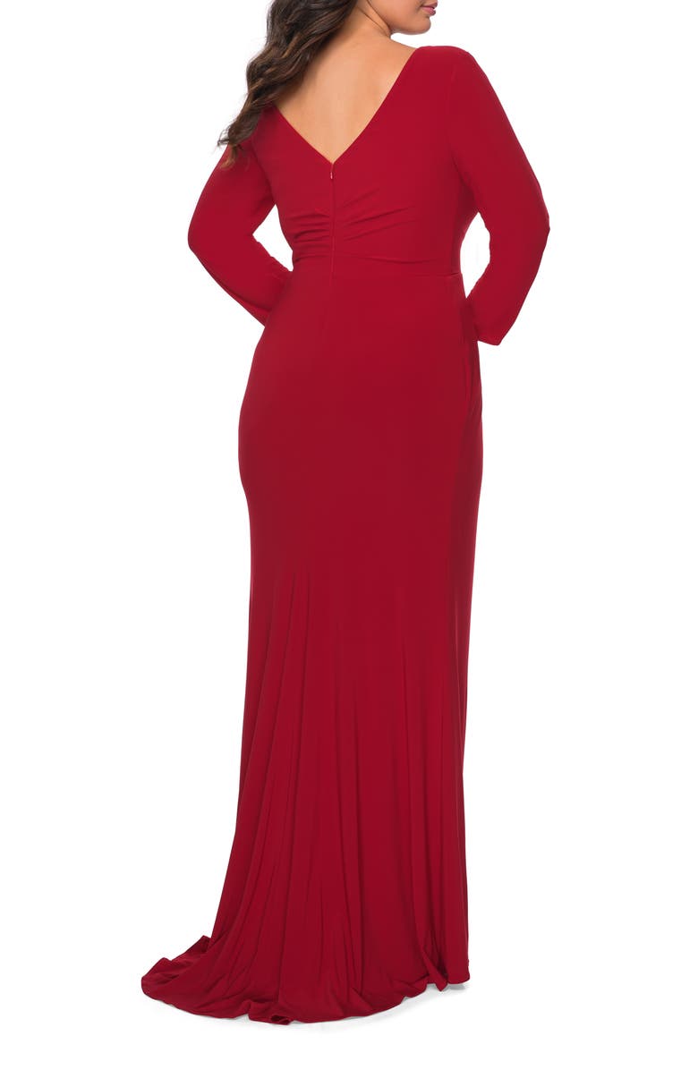 La Femme Long Sleeve Curvy Prom Dress with Ruching, Alternate, color, Red