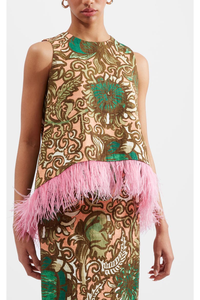 La Scala Top With Feathers Anemone Pink Olive, Main, color, Anemone Pink Olive
