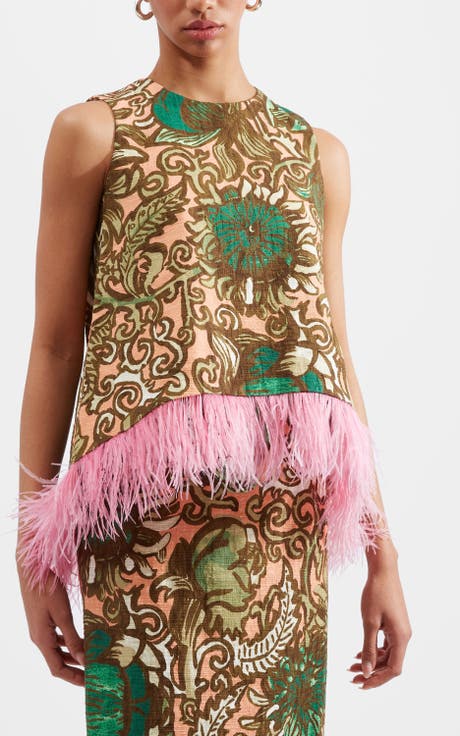 La Scala Top With Feathers Anemone Pink Olive