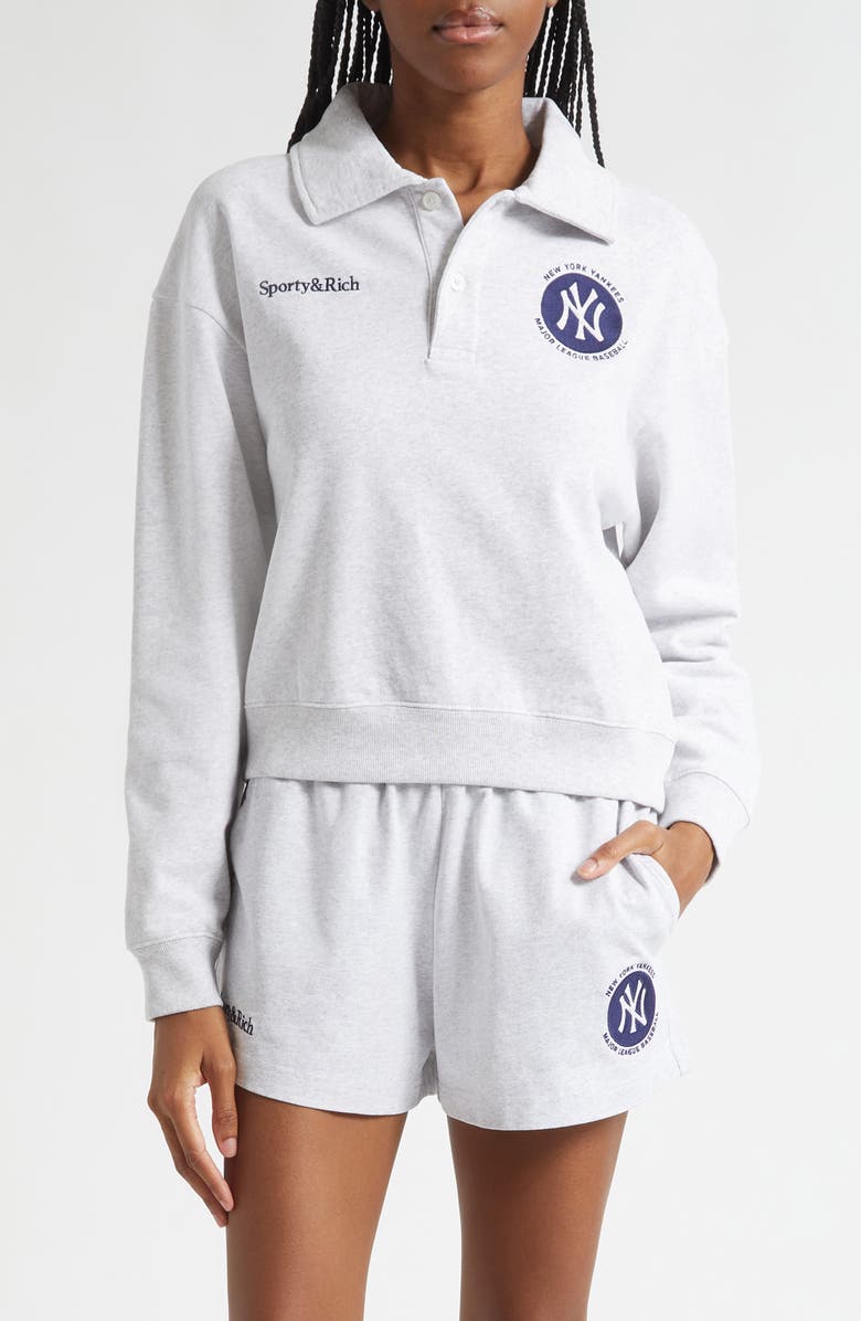 Sporty & Rich x '47 MLB New York Yankees World Series Cotton Fleece Polo Sweatshirt, Main, color, Heather Gray