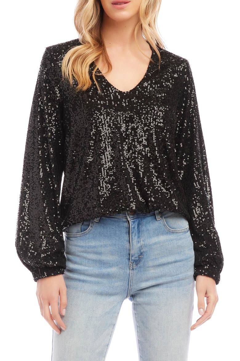 Sequin Blouson Sleeve Top, Main, color, BLACK