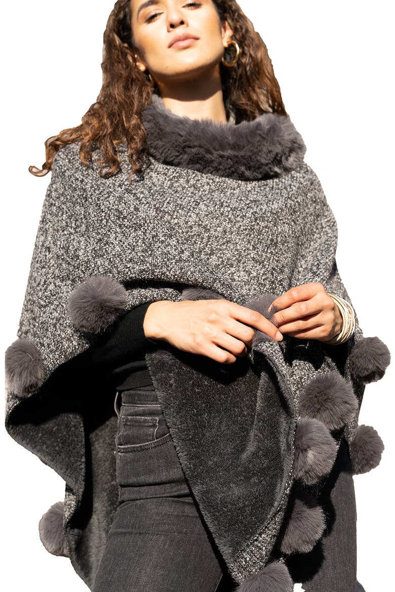 Posey Faux Fur Pompom Adorned Poncho, Alternate, color, GREY