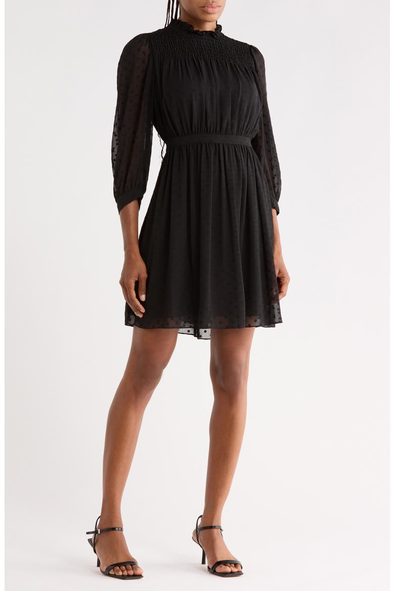 Long Sleeve Clip Dot Chiffon Dress, Main, color, BLACK