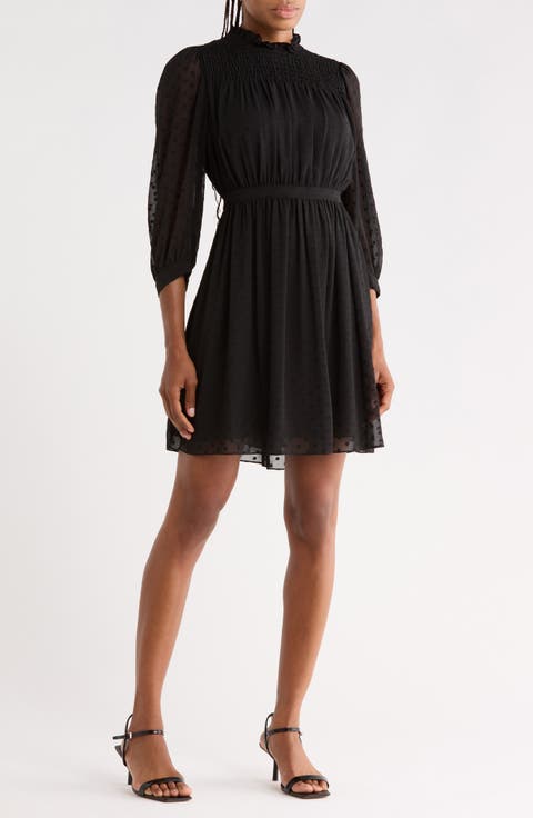 Long Sleeve Clip Dot Chiffon Dress