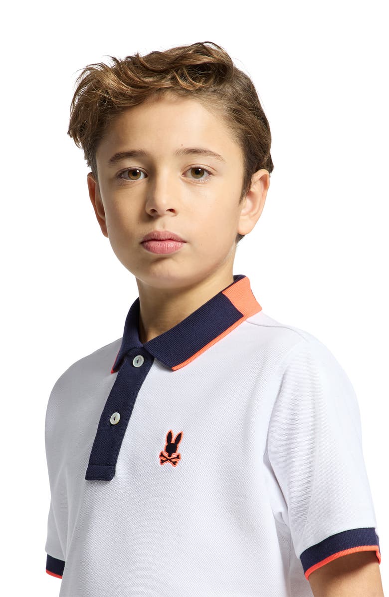 Psycho Bunny Kids' Thatcher Tipped Cotton Piqué Polo, Alternate, color, White